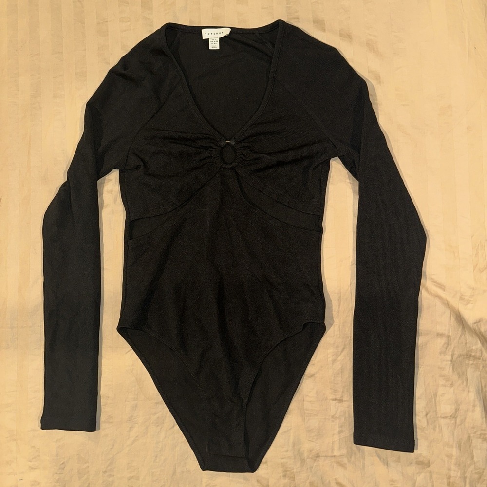 Topshop Bodysuit Womens 4/6 Small Long Sleeve Ribbed V-neck Keyhole Cutout Black